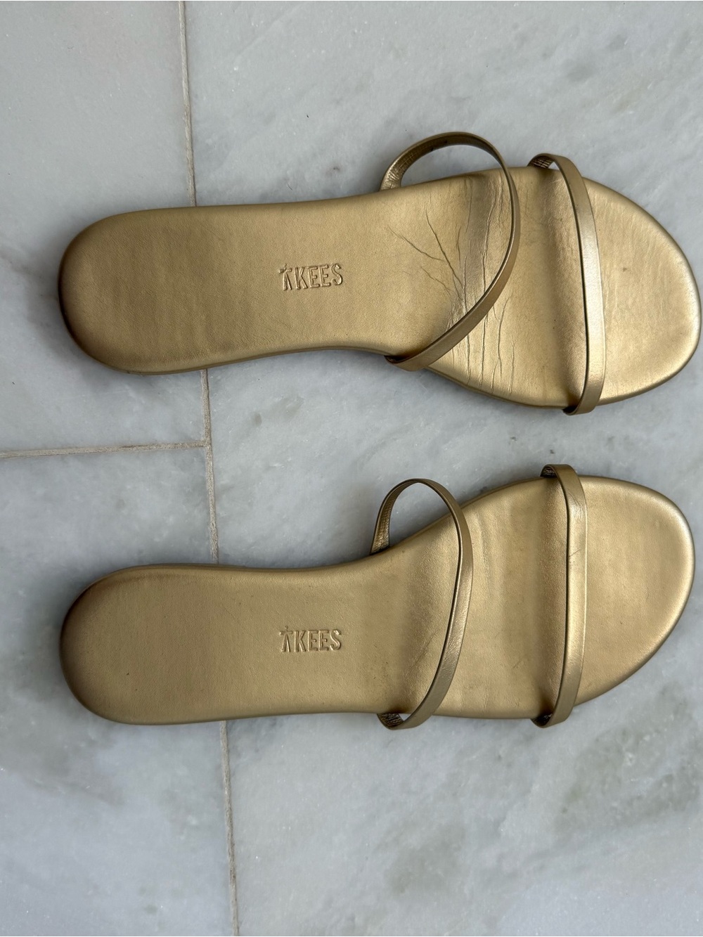 TKEES Metallic Gold Double-Strap Slide Sandals